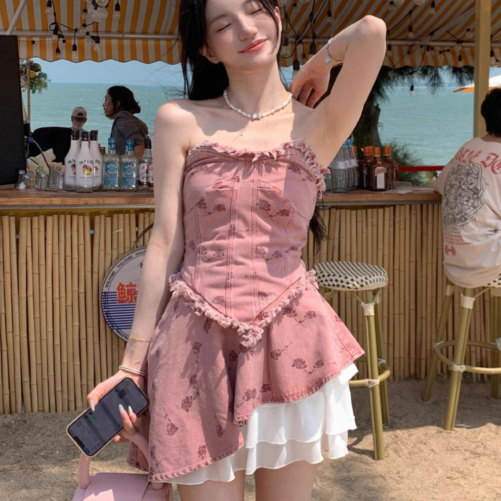 辣妹套装女2025夏季新款牛仔无袖抹胸背心不规则设计感纱裙两件套