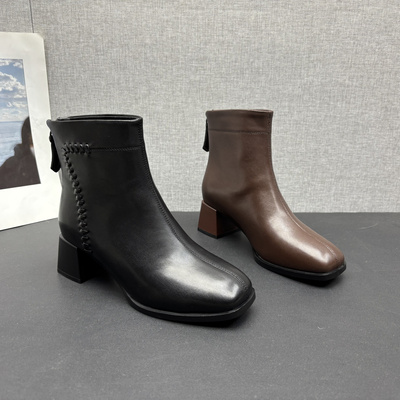 粗跟休闲羊皮简约英伦风女短靴