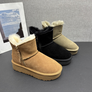 厂家断码处理2025冬新款真皮女鞋圆头厚底增高日常百搭羊毛雪地靴