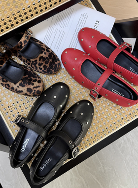 如履平地 外贸铆钉玛丽珍单鞋复古圆头一字带平底黑红豹纹女鞋