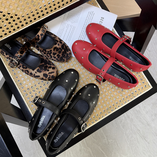 如履平地 外贸铆钉玛丽珍单鞋复古圆头一字带平底黑红豹纹女鞋