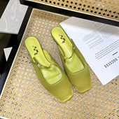 挖到宝 41码 夏新外贸牛油果绿缎面穆勒拖鞋 复古方头玛丽珍懒人鞋