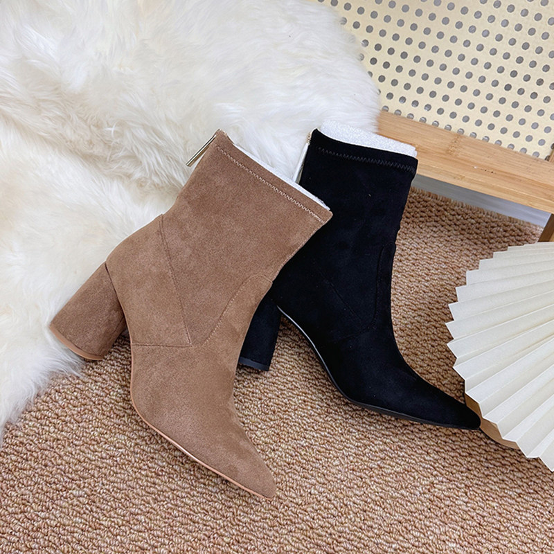 FOREIGN TRADE BROWN BOOTIES WOMENS HIGH HEELS FALL WINTER PLUS SIZE VERSATILE FRENCH STILETTO HEEL STRETCH BOOTS SUEDE POINTED TOE SKINNY BOOTS