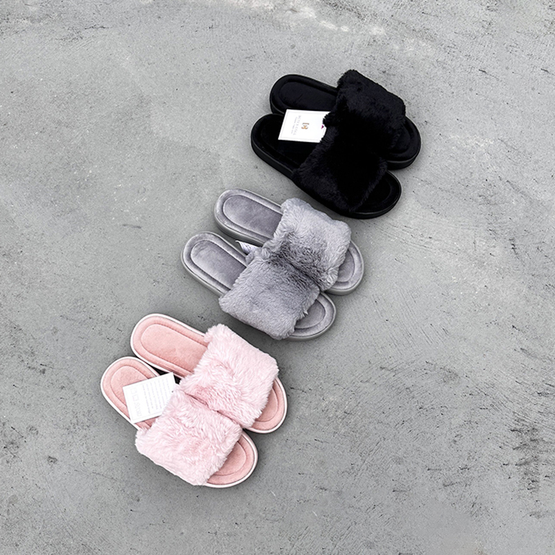 外贸原单一字带外穿毛毛拖鞋