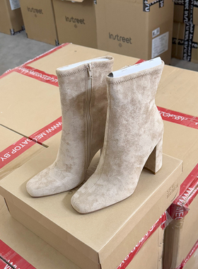 出口好货 S美登原单超高跟方头短靴绒面大码弹力瘦瘦靴子女42