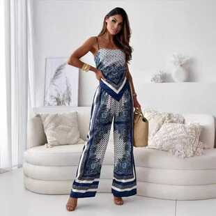 欧美风夏民族风印花后背系带露背不规则吊带上衣女长裤度假套装女