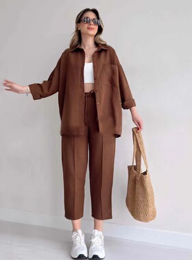 Lapel shirt pants set 纯色翻领长袖衬衫高腰系带哈伦裤时尚套装