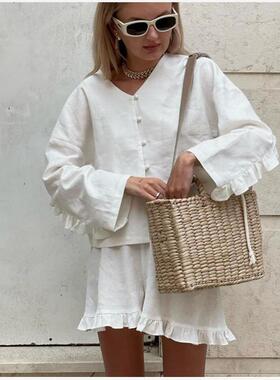 Shirt shorts set 法式设计感V领木耳边长袖衬衫高腰短裤休闲套装