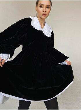Lantern Sleeve Velvet Dress 法式娃娃领丝绒荷叶边蓬蓬连衣裙女