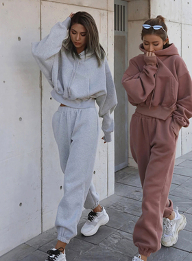 Women winter clothes sweaters休闲欧美风秋冬加绒卫衣长裤套装