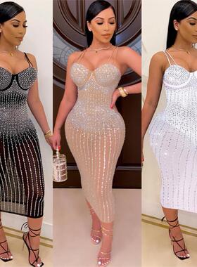 Mesh Hot Drill Dress 欧美性感网纱透视烫钻收腰包臀吊带连衣裙