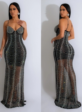 Mesh hot drill dress 欧美性感V领网纱烫钻露背修身吊带长连衣裙