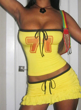 Chestless black ear edge skirt set抹胸上衣木耳边半身裙套装女