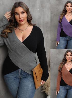 2024 winter fashion women sweater 撞色紧身不规则大码毛衣