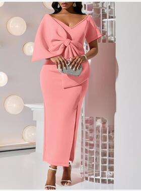 Bowtie Party Dress 欧美性感V领大蝴蝶结收腰露背开叉派对礼服裙