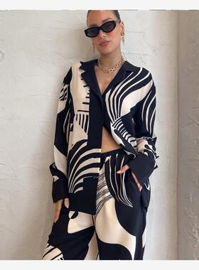 Printed shirt pants set 涂鸦休闲气质印花衬衫宽松阔腿长裤套装