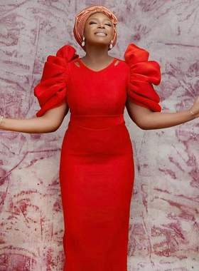 Pile Sleeve Party Dress设计感堆堆袖镂空V领大码派对红色礼服裙