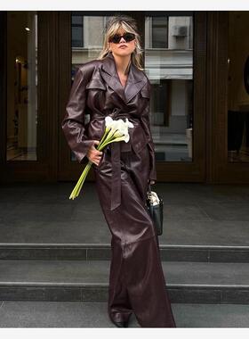 Leather jacket pants set复古西装领皮衣外套高腰皮裤时尚套装女