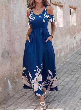 long dress外贸女印花吊带露肩膀收腰短袖连衣裙复古沙滩长裙子夏