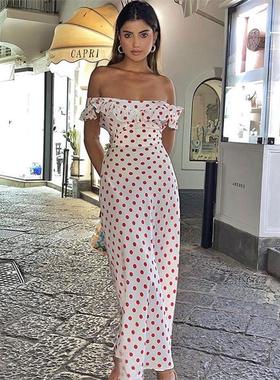 法式优雅红色波点高级感气质连衣裙荷叶边度假风复古感一字肩长裙