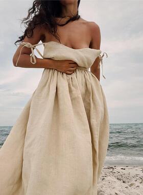 Women Dress Vintage Loose A-line Sling Dress V-neck Dress