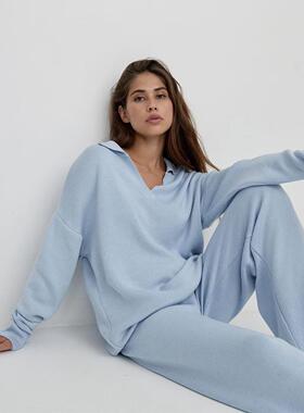 Knitted sweater set 欧美Polo领针织套头衫毛衣阔腿长裤休闲套装