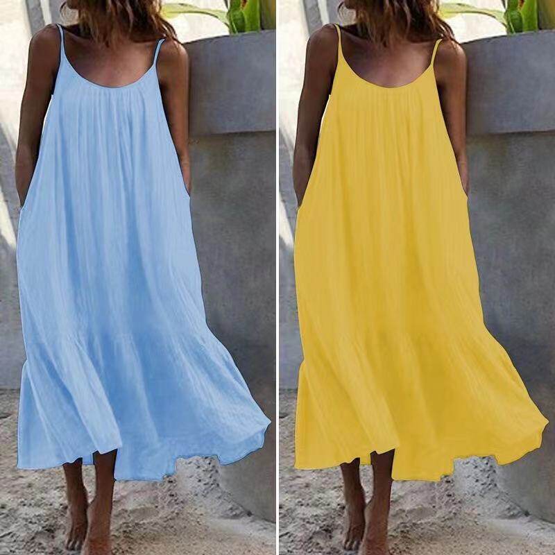 Ruffle solid color long skirt sleeveless loose dress summer