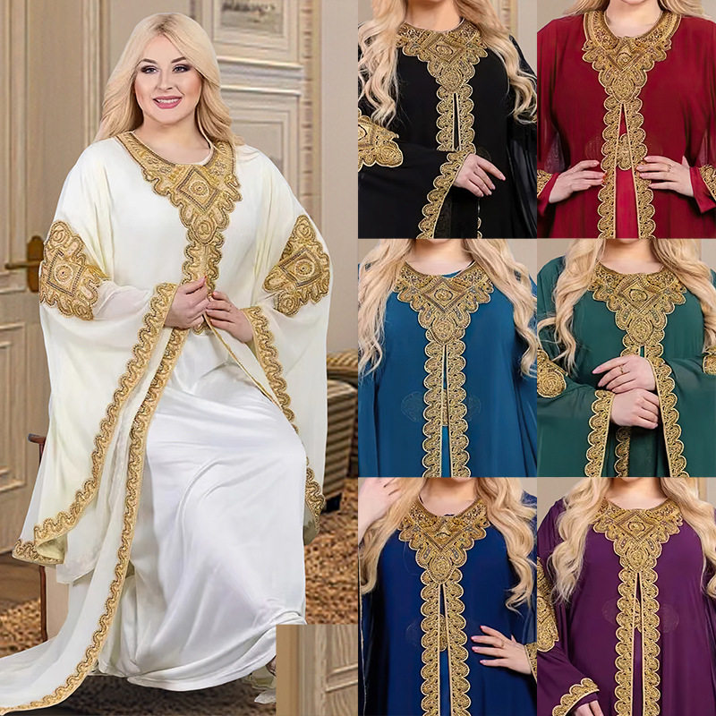 刺绣长袍绣金花边连衣裙旅游长裙 dress
