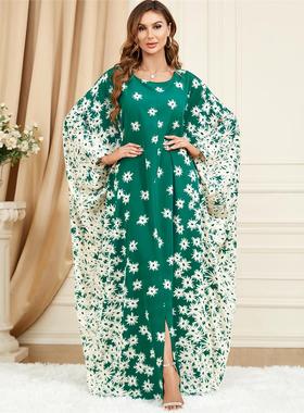 中东阿拉伯服装绿色蝙蝠袖宽松时尚大码连衣裙迪拜旅游长袍 robe