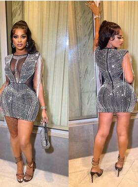 Mesh hot drill dress 欧美性感网纱烫钻无袖包臀短裙派对连衣裙