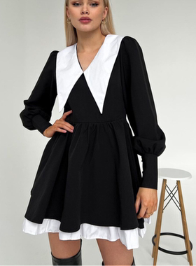 Doll Neck Dress 法式设计感娃娃领长袖黑色收腰大摆荷叶边连衣裙