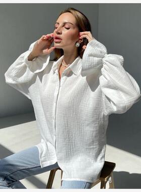 Flared Sleeve Shirt 法式翻领喇叭长袖百搭休闲宽松白色女士衬衫