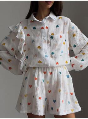 Printed shirt shorts set 荷叶边爱心印花衬衫阔腿短裤休闲套装