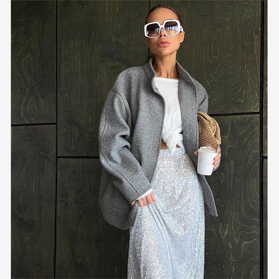 Grey woolen coat 欧美秋冬新款设计感通勤百搭长袖灰色毛呢外套