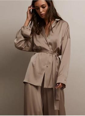 Satin Shirt Wide Leg Pants Set欧美缎面绑带衬衫阔腿裤居家套装