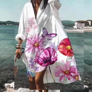 波西米亚度假风宽松大码女V领长袖连衣裙oversize长袖衬衫裙子夏