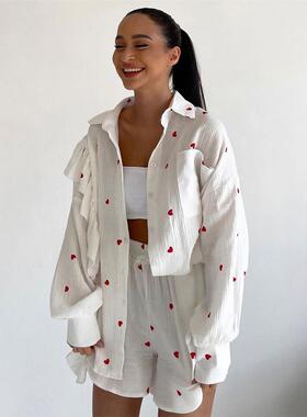 Printed shirt shorts set翻领印花荷叶边长袖衬衫短裤休闲套装女