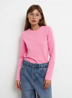 Women cotton T-shirt 欧美纯色棉质圆领长袖百搭休闲宽松T恤女