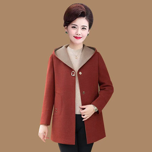 新款中老年女装秋冬装连帽羊毛大衣高贵加大码妈妈中长款呢子外套
