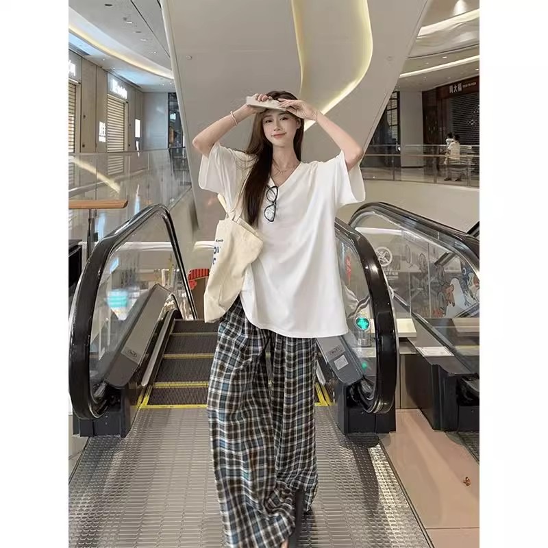 慵懒风大板V领宽松纯色短袖春夏爆款上衣休闲中长款百搭T恤女