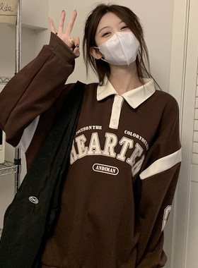 卫衣女2023新款chic学院风美式秋冬季撞色Polo领运动加绒加厚外套