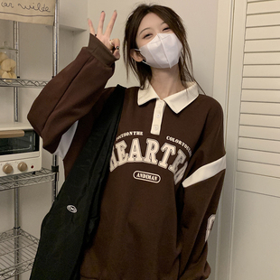卫衣女2023新款chic学院风美式秋冬季撞色Polo领运动加绒加厚外套