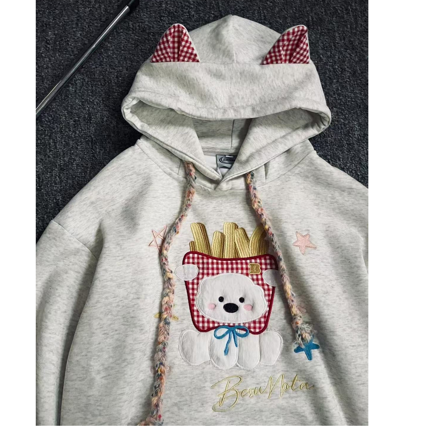 美式复古刺绣薯条狗狗耳朵卫衣女秋冬宽松甜酷学院风加绒连帽外套