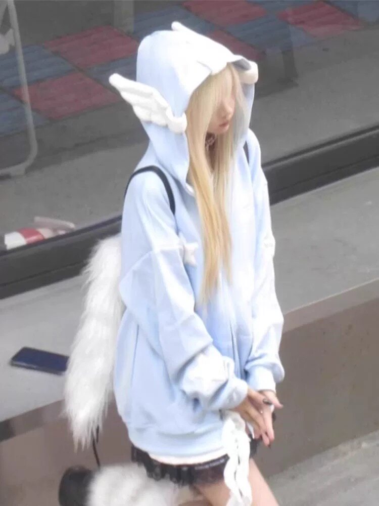 美式oversize可爱翅膀星星开衫外套女春秋款宽松慵懒chic情侣卫衣