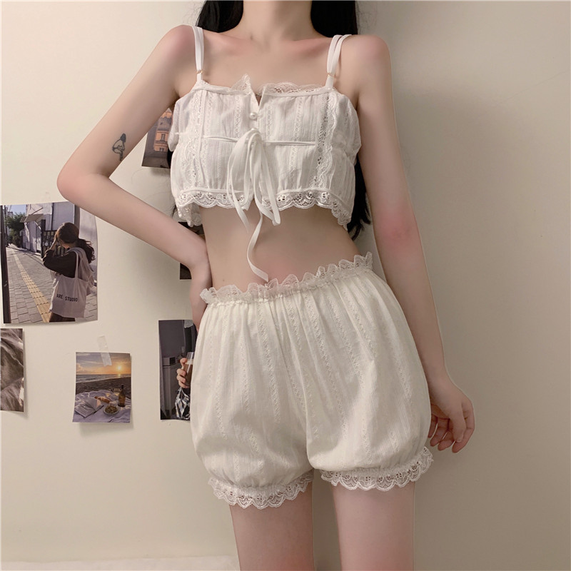 Real price Japanese sweet lace suspender pajamas suit cotton sexy pumpkin pants Fairy