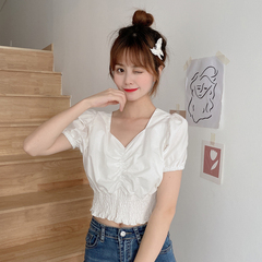 Real shooting and real price top women's sense of design small square collar exposed collarbone French shirt summer short sleeve bubble sleeve high waist