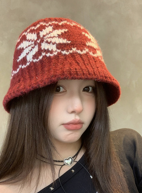 韩系复古费尔岛针织渔夫帽子女2025新款秋冬季大头围显脸小水桶帽