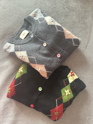 特价秋冬新款浣熊菱形开衫女圆领毛衣外套宽松韩版针织毛衫外套