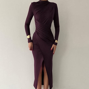 fit long sleeved Women 洋装 slim dress中高领缩褶开叉长袖