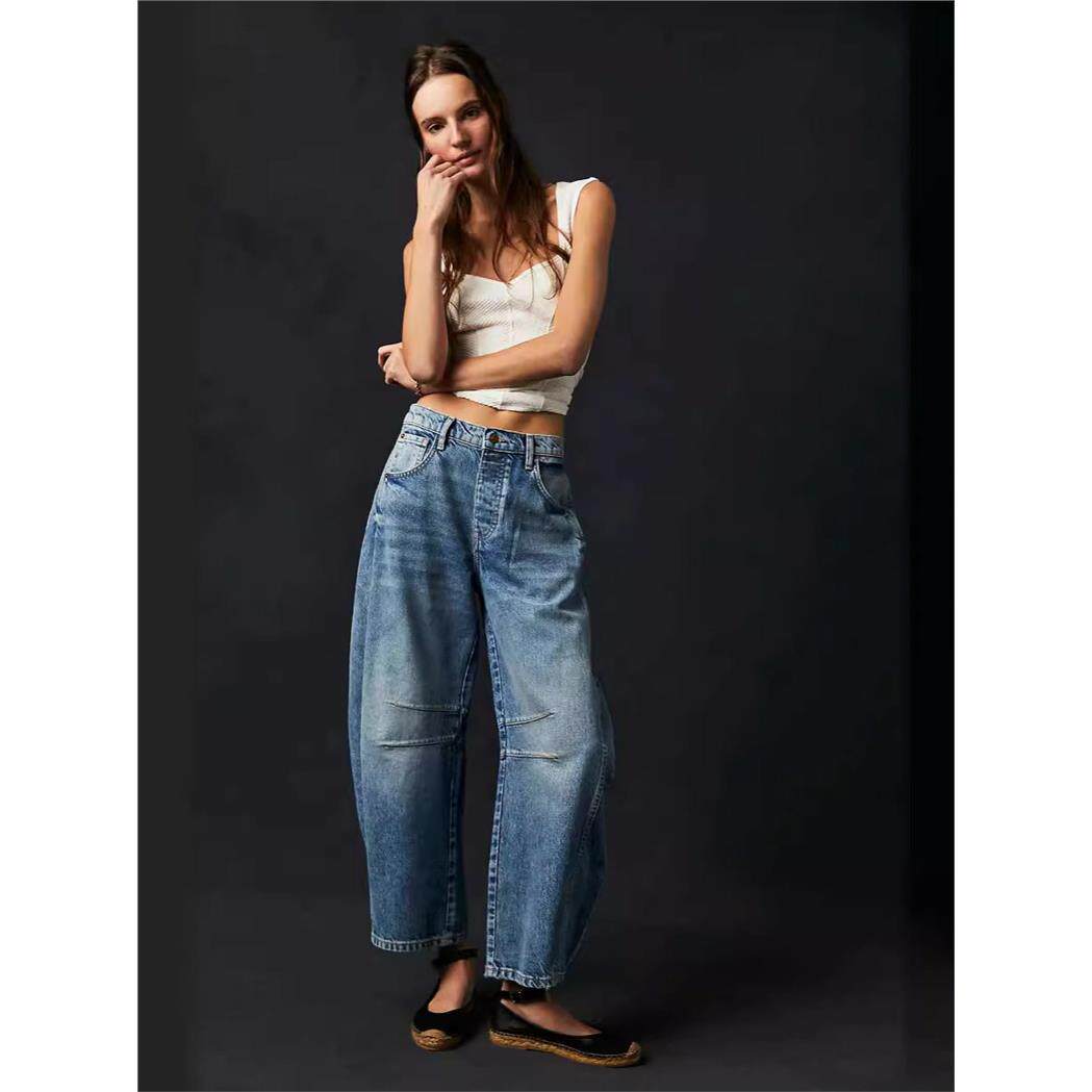 Spring jeans2024春夏欧美春女士休闲宽松中腰个性设计筒形牛仔裤